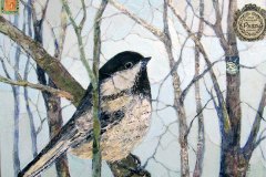 Collage of a black and white bird perched on a tree limb with stamp and labels added. Bell, It's Puzzling, acrylic