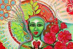 A green woman with a brightly colored mandala of energetic shapes behind her.