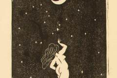 A nude woman dancing under the moon and stars.