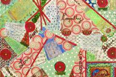 Bright fabric collage with the words hope, empathy, kindness and charity.