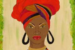 African-American woman in a red headscarf and black drool earrings.