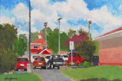 12 – Acrylic painting by J Bowers of the entrance to the park parking lot under a bright blue sky.