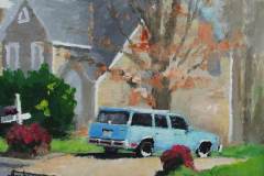 15 – Acrylic painting by J Bowers of morning suburban scene of the morning sun hitting an old light blue station wagon.