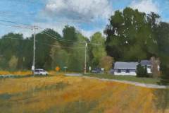 2 – Acrylic painting by J Bowers of a treed country scene with crossroads near a lone house and car.