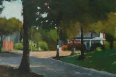 20 – Acrylic painting by J Bowers of a shady suburban street.