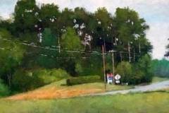 25 – Acrylic painting by J Bowers of a country road curving among a treed-lined trajectory.