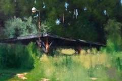 28 – Acrylic painting by J Bowers of an open-sided shed - pole barn - during summer.
