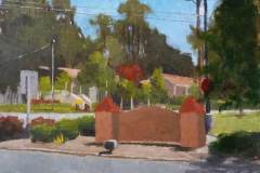 3 – Acrylic painting by J Bowers of a concrete entrance sign for a public park on a sunny day.