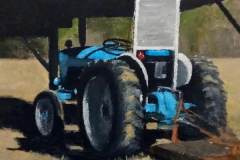 30 – Acrylic painting by J Bowers of a blue tractor under an enclosure.