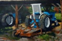 31 – Acrylic painting by J Bowers of a blue tractor with back attachment under an enclosure.