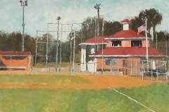 33 – Acrylic painting by J Bowers of an emplty small town ball field.