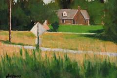 34 – Acrylic painting by J Bowers of a small brick house viewed across 2 country roads and 3 yards.