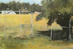 5 – Acrylic painting by J Bowers of metal yard gate left open leading to a grassy field and houses in the background.