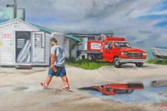 53 a man in shrts walking toward a shoreside bait shop and bright red truck.