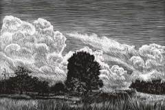 41 black and whire drawing of a lanscape with large cloud formation above.