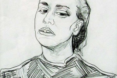 Black line drawing on white paper depicting a woman looking to her left.