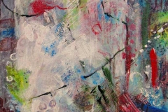 Abstract painting with bold strokes of white red and green.