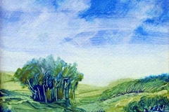 Landscape of green hill beneath a blue shy.