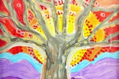 Tree of life in from of a bright yellow sunset above a purple and blue landscape.