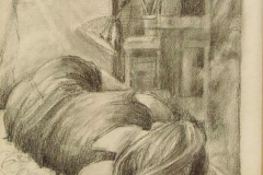 Woman in her studio drawing a reclining clothed female model.