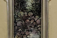 Art nouveau frame around a watercolor of a snowy path in the woods.