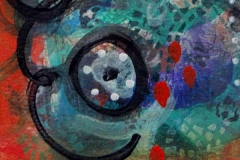 Abstract painting with red and green background with a spiral of black circles at the forefront.