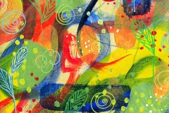 Bright colored abstract of geometric shapes foregrounded with leaves and swirls.