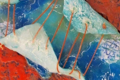 Abstract dimensional wax encaustic work with a red background foregrounded by a red stitched blue green scroll.