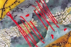 Abstract dimensional wax encaustic work with a yellow background foregrounded by a red stitched gray scroll.