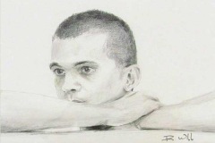 Drawing of young man looking afar while resting his chin on his crossed arms.