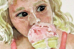 Blonde girl in a pink dress licking a dripping ice cream cone.