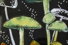 Green and yellow mushrooms against a starry night sky.