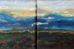 Double canvas panel view of a mountain range at sunset.