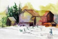 10 - gestural rural scene of three barn buildings in the snow, against a colorful sunset