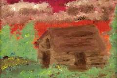 12 - gestural rendering of a brown barn in the woods against a red sky