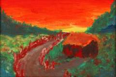 14 - gestural rendering of a red and brown barn on a rural road against a vibrant red sky
