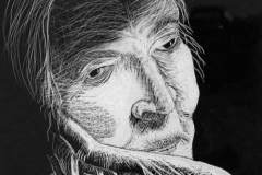 17 - black and white line drawing of an older woman resting her hand against her face