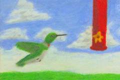 36 - a green hummingbird approaching a red feeder against a bright blue sky