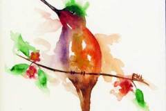 42 - a gestural rendering of an orange, purple and green hummingbird