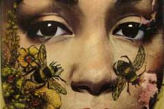 44 - up close collage of a woman's face with bees and flowers overlaid the image