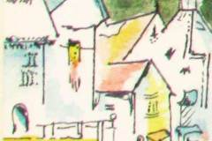 45 - black lines drawings an old european town with light, bright color washes of yellow and blue