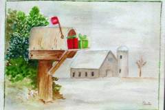 66 - a wraped present in a mailbox with a barn and silo on a snowy field in the background