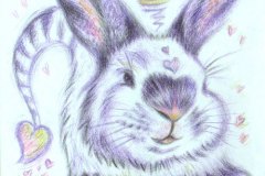 10, loose purple pencil drawing of a smiling  white rabbit with a halo and a heart-shaped tailtip
