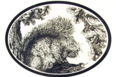 19, black and white line drawing in an oval of a squirrell with a nut