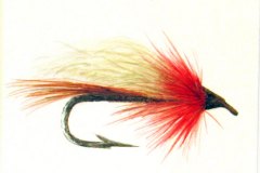 23, a flowing watercolor rendering of a bright red and yellow fishing lure with a sharp hook