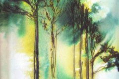03, a group of tall spindly trees against a green a yellow watery background