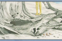 50, black and white rendering of driftwood on a beach with a person's legs and shoes in color.