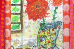 60, Two bright red flowers in a bright yellow vase near a apit of square reading glasses.