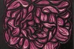 64, a carved purple andd pink peonie with a dark brown background