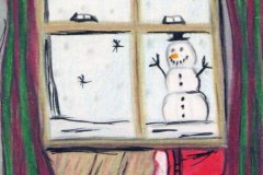 66,  with snow scene an snow man visble through a window with striped curtains,. A santa coat is laid on a trunk under the window.